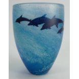 Malcolm Sutcliffe blue art glass vase: decorated with Dolphins, height 14cm.