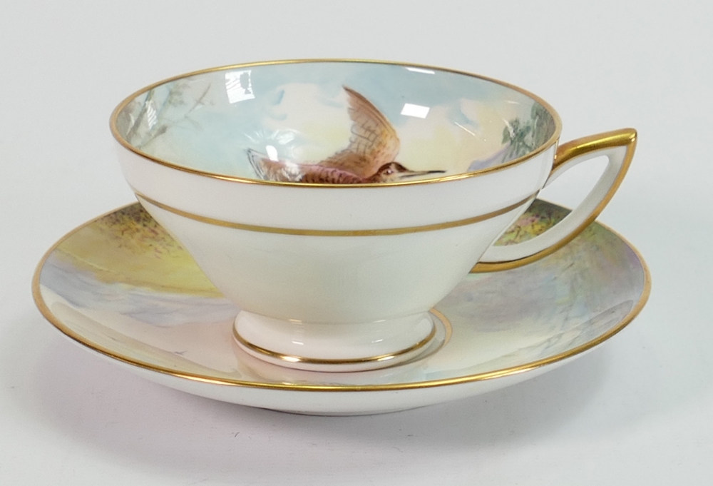 Minton hand painted cup and saucer: Decorated with Woodcock by A Holland.