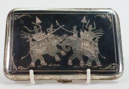 Sterling silver Asian cigarette case: Incised decoration of Thai figures on elephants, 132g.
