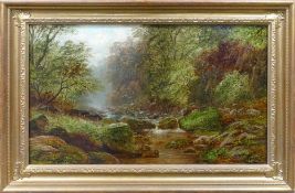 William Mellor 1851-1931 oil on canvass River scene Posforth Gill Bolton Woods: In later gilt frame,