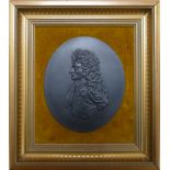 Black Basalt portrait plaque of Sir Christopher Wren: In gilded frame, 19 x 16.5cm.