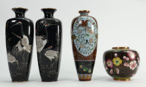 A collection of Chinese Cloisonné small vases: tallest 16cm (impact damage to both Crane vases).