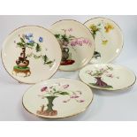 A good set of five Minton 19th century plates: Each brightly hand painted with various vases of