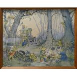 1960s Teddy Bear Camp print by Molly Brett: In wood frame 46cm x 55cm