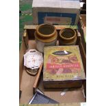 A mixed collection of items to include: stone glazed Robinson mincemeat jars, jacobs biscuit tin,