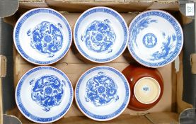 Six Japanise rice / soup bowls: blue and white interior