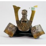 Japanese cast iron desk top Samurai helmet: with large brass maedate and embossed decoration, 23cm