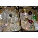 A mixed collection of items to include: presses glass oil burner, decanter, cut glass bowls etc (2