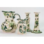 Masons chartreuse items to include: pair of candle sticks & jugs(4)