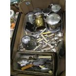 A mixed collection of items to include: silver plated faux handled cutlery, similar items, pewter