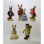 Royal Doulton Bunnykins figures to include: DB65 Lollipop man, DB66 Schoolboy, DB68 Father, Mother