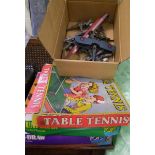 A mixed collection of items to include: childrens toys to include table tennis, uni-draw, made air