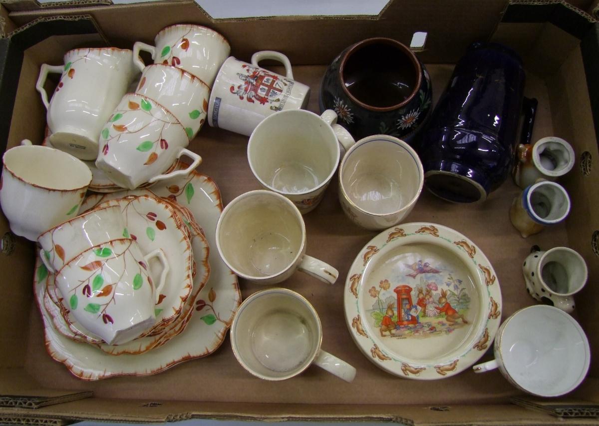 A mixed collection of items to include: floral decorated part tea set, bunnykins oatmeal dish,