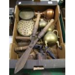 A mixed collection of items to include: Brass ware, Cast Iron Irons, Brass Burner etc