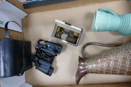 A mixed collection of items to include: beaten copper jug, Astralite binoculars, pre decimal