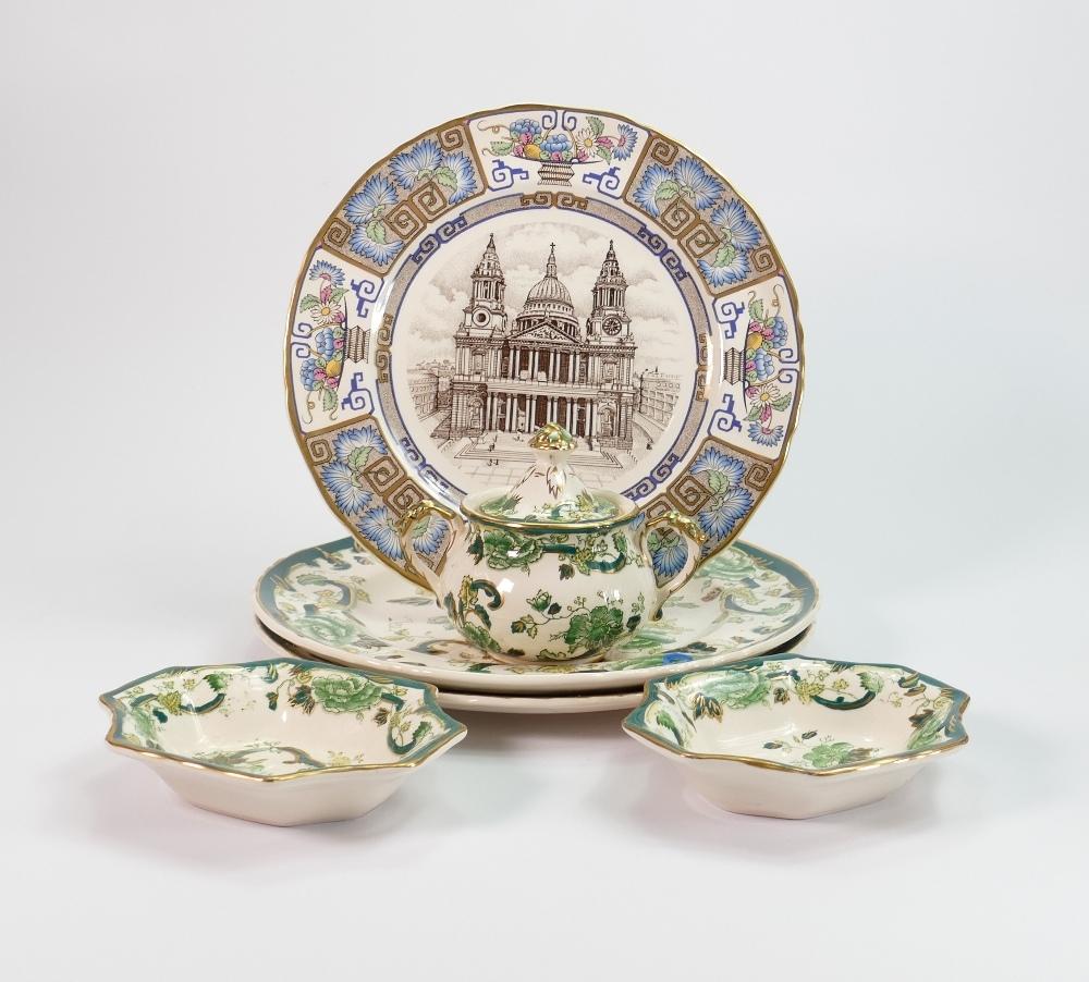 Masons chartreuse patterned items to include: lidded bowl, plates, small dish etc