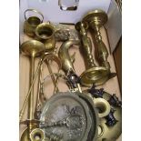 A mixed collection of items to include: brass ornaments, fireside set etc.