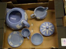 A collection of Wedgwood Jasperware to include, teapot, cream sugar & coffee can & saucer