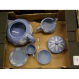 A collection of Wedgwood Jasperware to include, teapot, cream sugar & coffee can & saucer