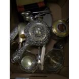 a collection of silver plated and white metal items to include: tea spoons, hand mirror, pierced
