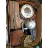 A mixed collection of items to include: Oak cased mantle clock, cameras etc.