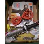 A mixed collection of items to include: black and decker drill, stanely surform, inspection lamp etc
