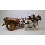 Two Beswick 818 shire horses: in harnesses pulling a scratch built wooden cart