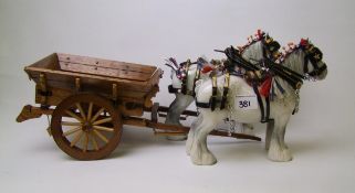 Two Beswick 818 shire horses: in harnesses pulling a scratch built wooden cart