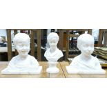 Three Resin Busts of Children: two with marble plinths, height of tallest 18cm(3)