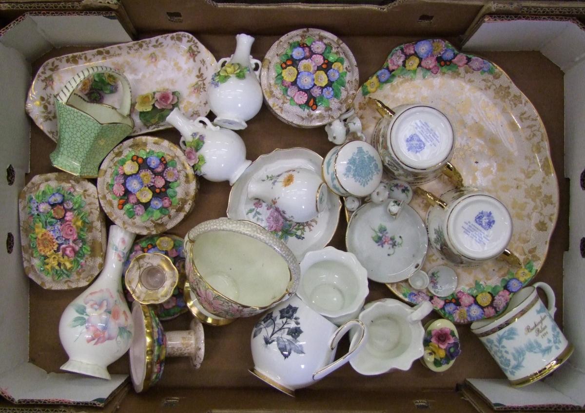 A mixed collection of ceramic items to include: Aynsley vase, Paragon twin handled cups, Coalport,