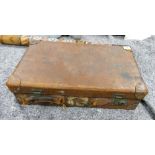 Distressed Vintage Leather Suitcase: with brass locks