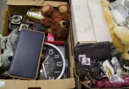 A mixed collection of items to include: vintage cameras, keyrings, boxed wall clock etc (2 trays).