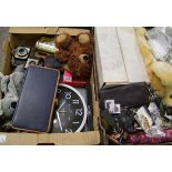 A mixed collection of items to include: vintage cameras, keyrings, boxed wall clock etc (2 trays).