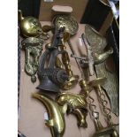 A mixed collection of items to include: brass ornaments, brass eagle, miner figure etc.