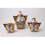 An early Lorna Bailey Old Ellgrave three piece tea set: with jazzy design. Limited edition 208/350