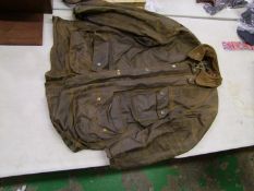 Distressed Barbour Vintage Solway Zipper waxed jacket: together with leather Jerkin: approx size L