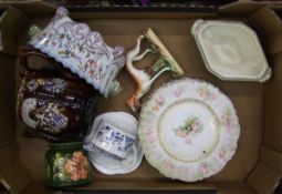 A mixed collection of ceramic items to include: Measham barge teapot, Faiance planter, Staffordshire