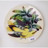 Moorcroft Golden Oriole plate: trail piece dated 31/10/02. Diameter 22.5cm