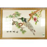 Framed Chinese embroidery on silk: birds on blossom branch and characters 30cm x 42cm
