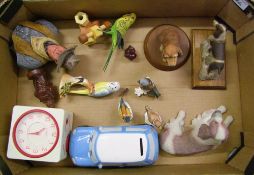A mixed collection of items to include: Resin Dog Figures, Goebel Birds, John Wayne bust, Bush alarm