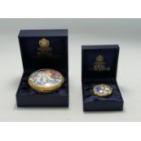 Two Boxed Royal Worcester Lidded Circular Boxes: Winetr Waltz & Christmas Tales, diameter of largest