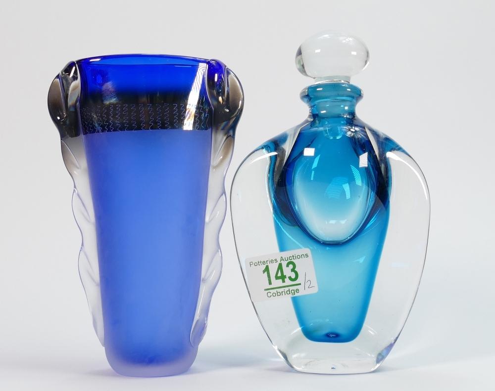 Karlin Rushbrooke perfume bottle: Together with a Jane Charles blue glass vase. Height of tallest