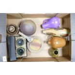 A collection of studio pottery including Margery Clinton boxed sake bowls, vases, dishes, jugs etc