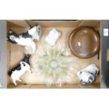 A mixed collection of items to include: Damaged Beswick Friesian Cow, ceramic figure of collie