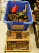 A mixed collection of items to include: oil cans, leather pouches, heavy brass door hinges &