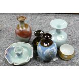 A collection of studio pottery to include: vases, bowls and candlestick: Richard Chester vase noted,