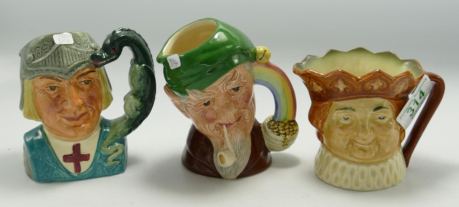 Royal Doulton small Character jugs: Leprechaun D6899, Old King Cole & St George D6618(3)