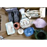A mixed collection of items to include: Oriental Theme items, painted terracotta lion book ends,