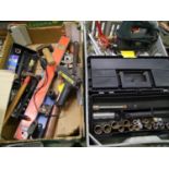 A mixed collection of items to include: DIY hand tools, spanners, socket set, black & deck jigsaw,