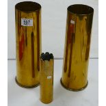 Two Brass Trench Art Shell Casing Vases: together with similar smaller item, height of tallest